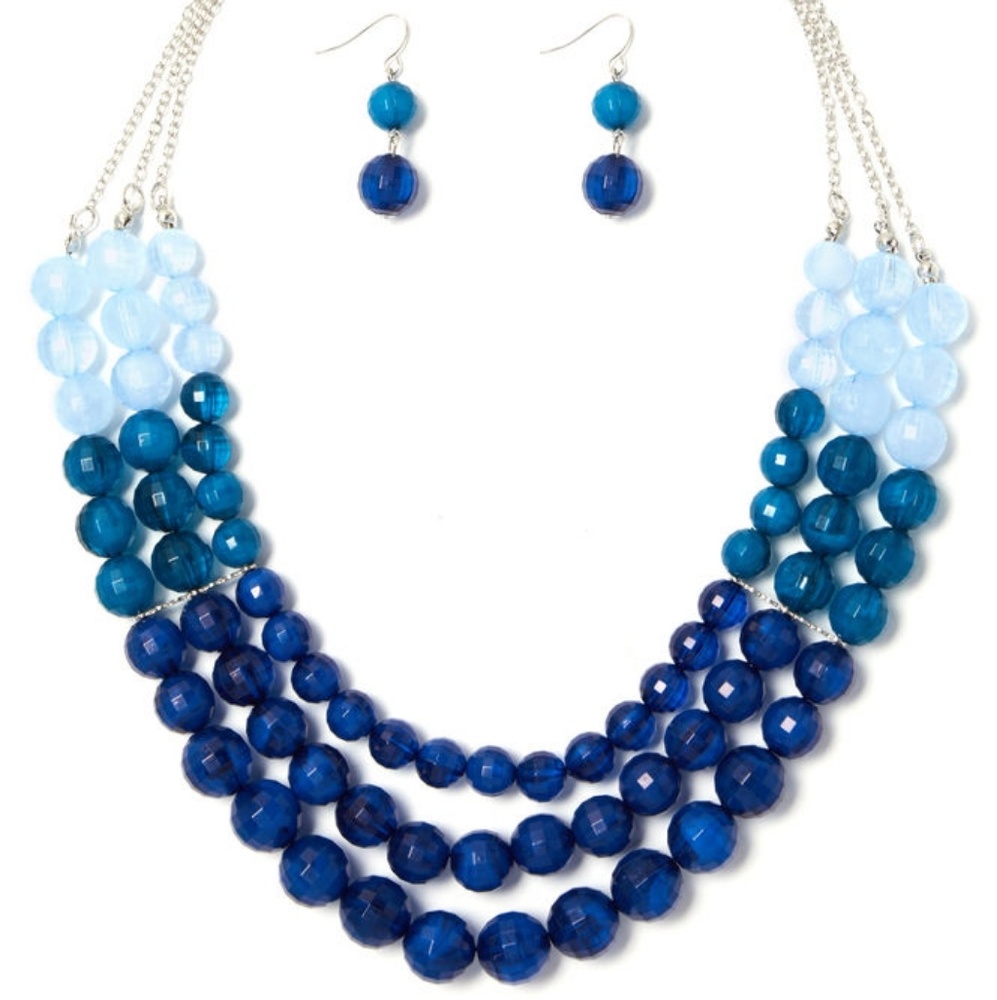 Blue Ombre Beaded Necklace and Earrings Set